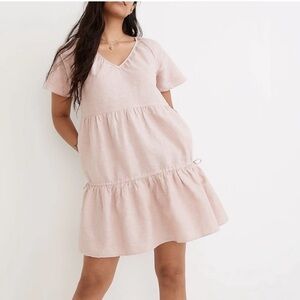 Madewell Blush Pink Short Sleeve V Neck Tiered Linen-Blend Lorelei Mini Dress M